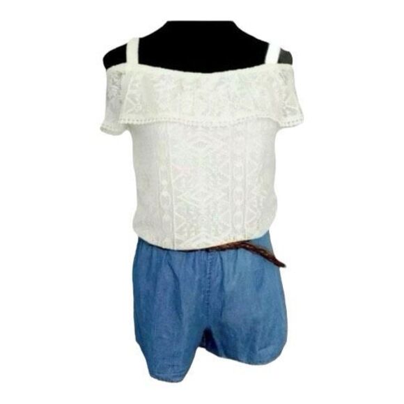 My Michelle Romper Beige Lace Top Belted Denim Shorts Girl Size XL Cold-Shoulder - Picture 2 of 7